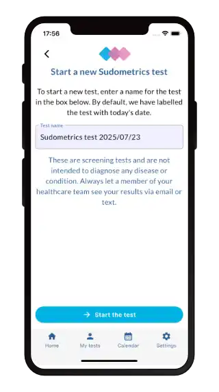 Sudometrics - Start a new test screen