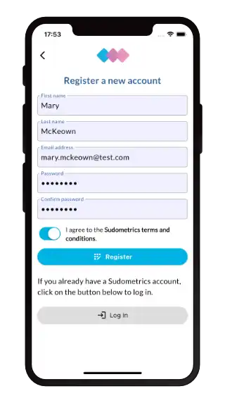 Sudometrics - Register a new account screen