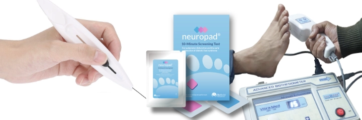 A 10mg monofilament, a Neuropad 10-Minute Screening Test and a biothesiometer