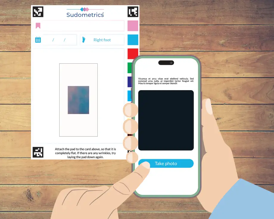 Image shows a user taking a photo of a pad applied to the mounting card, in readiness for determining sudomotor impairment