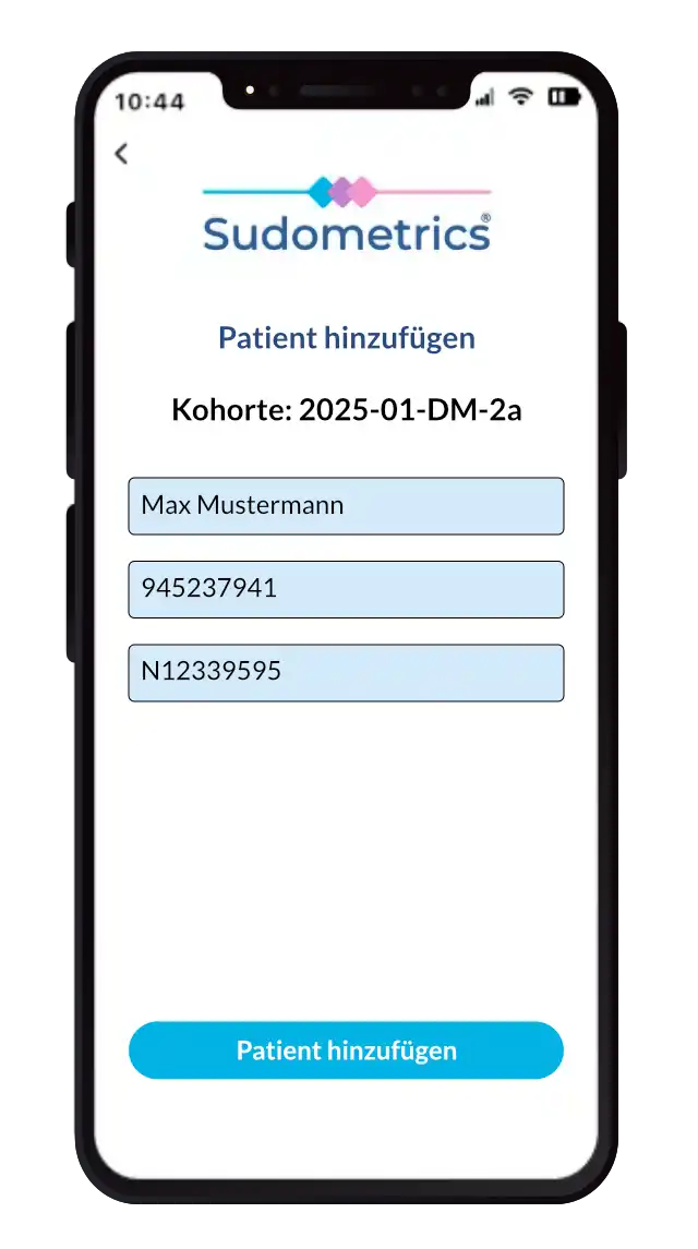 Bildschirmaufnahme der Sudometrics-App, die einen Benutzer beim Hinzufügen eines neuen Patienten zeigt.