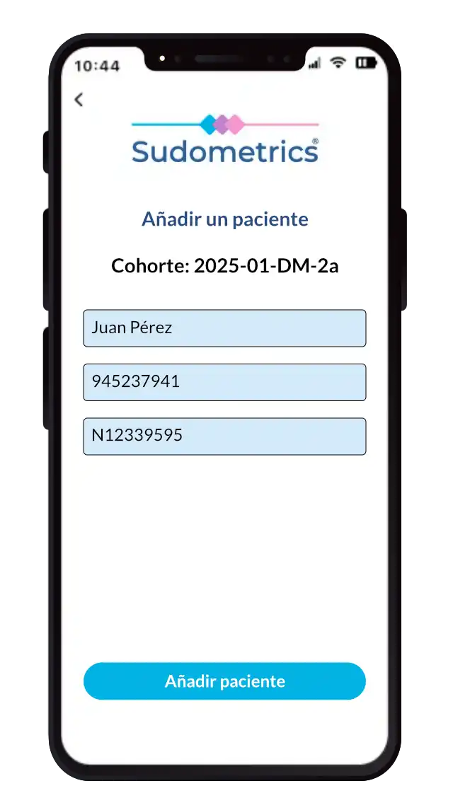 Captura de pantalla de la aplicación Sudometrics, que muestra a un usuario agregando un nuevo paciente.
