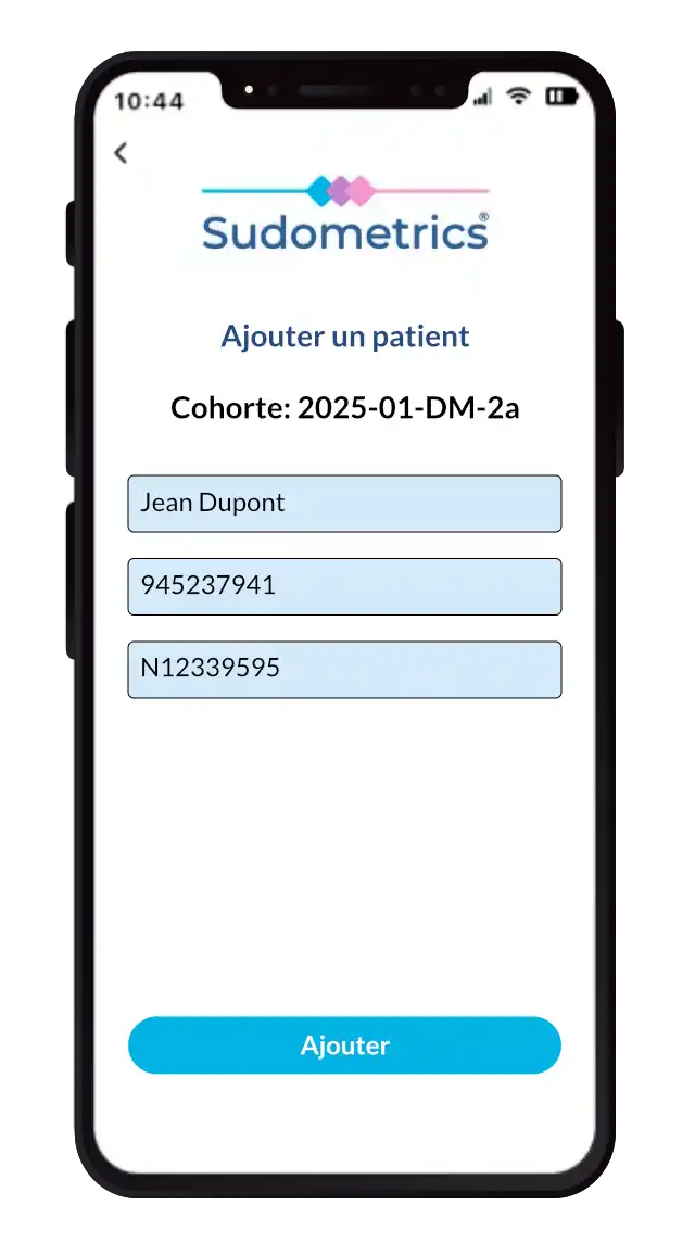 Capture d'écran de l'application Sudometrics, montrant un utilisateur ajoutant un nouveau patient