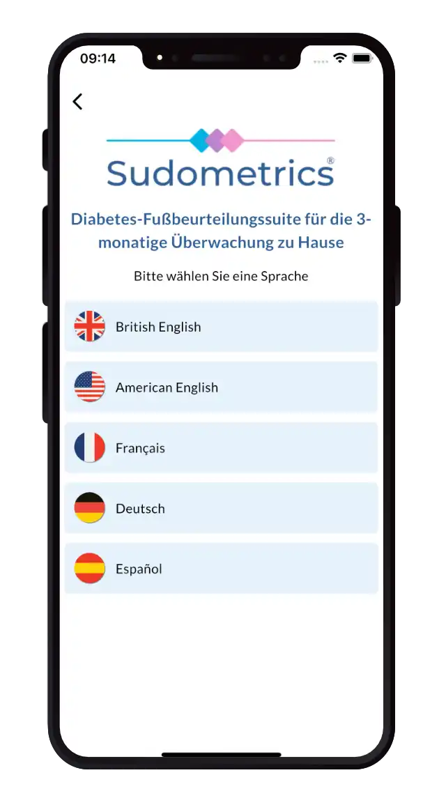 Eine Ansicht des Sudometrics-App-Bildschirms mit der Sprachauswahl