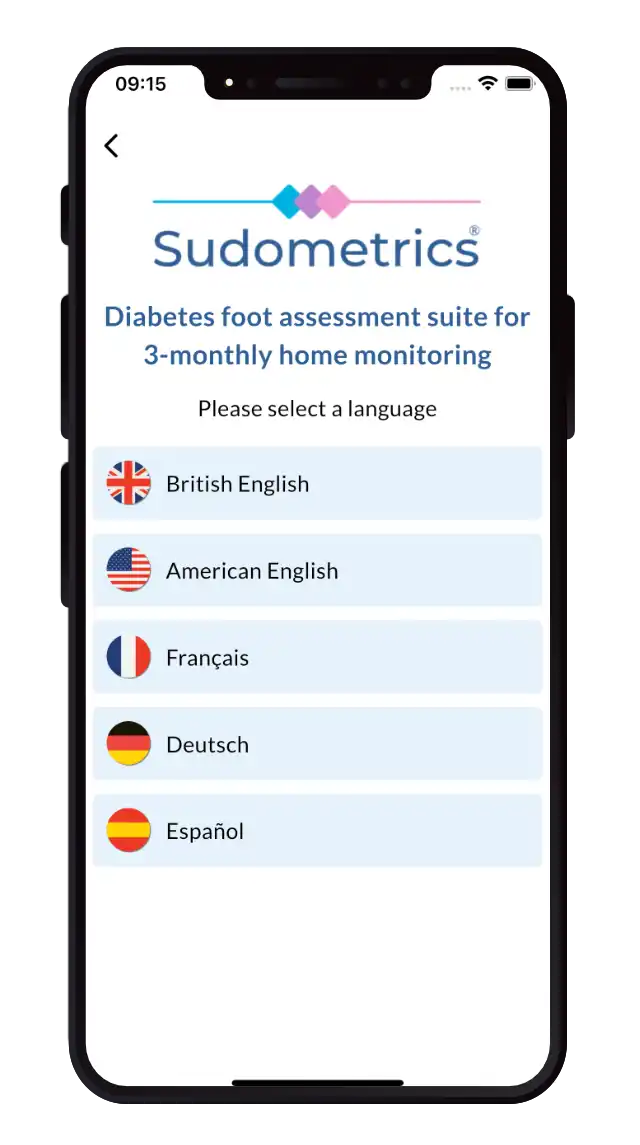 A view of the Sudometrics app screen showing the language selector