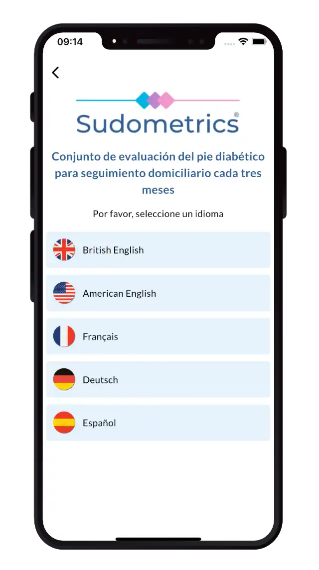 Una vista de la pantalla de la aplicación Sudometrics que muestra el selector de idioma