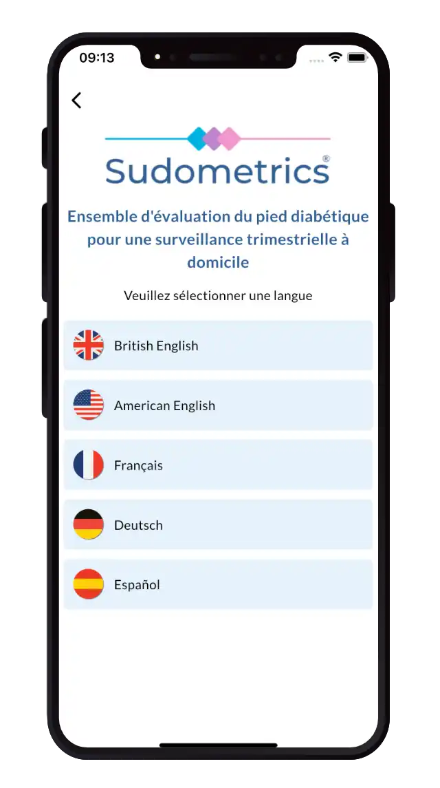 Une vue de l'écran de l'application Sudometrics affichant le sélecteur de langue