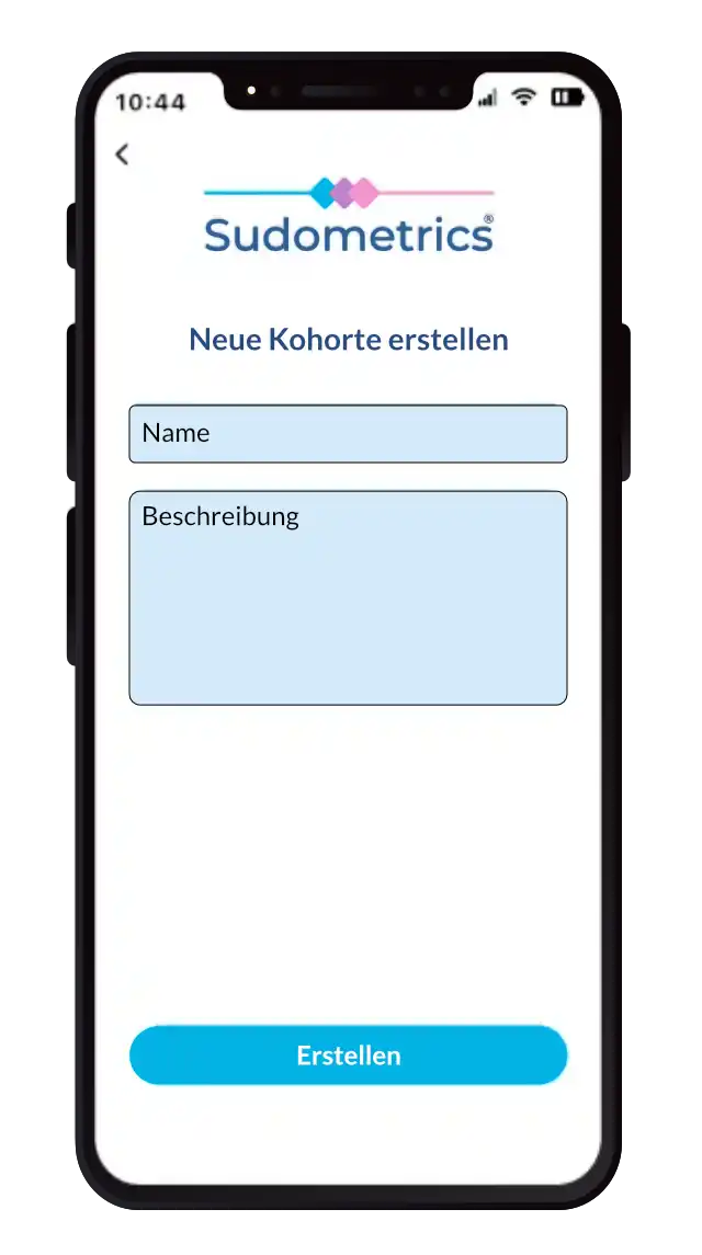 Bildschirmaufnahme der Sudometrics-App, die einen Benutzer beim Erstellen einer neuen Kohorte zeigt.