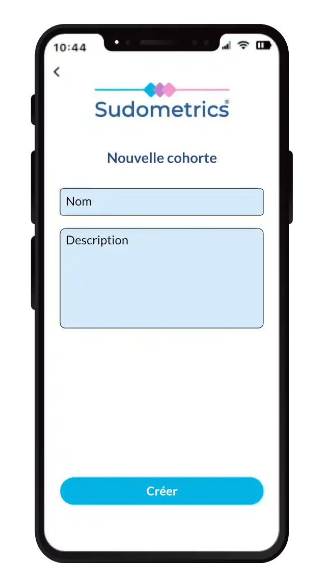 Capture d'écran de l'application Sudometrics, montrant un utilisateur créant une nouvelle cohorte