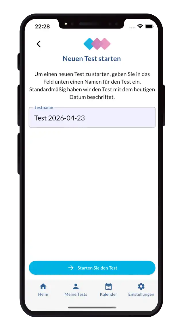 Bildschirmaufnahme der Sudometrics-App, die einen Benutzer beim Starten eines neuen Tests zeigt.