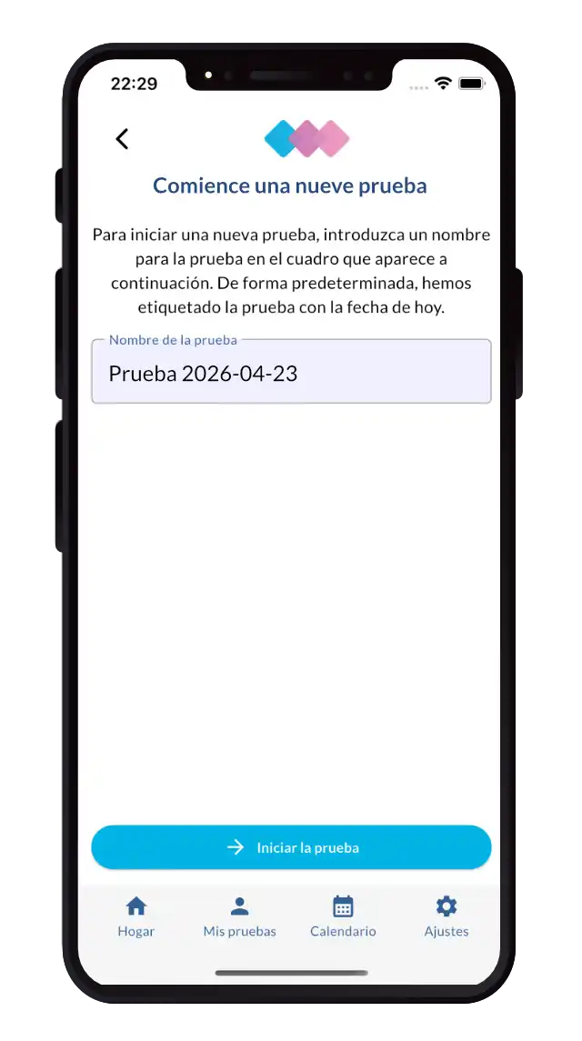 Captura de pantalla de la aplicación Sudometrics, que muestra a un usuario iniciando una nueva prueba.