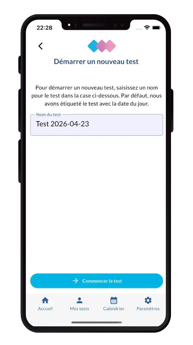 Capture d'écran de l'application Sudometrics, montrant un utilisateur commençant un nouveau test