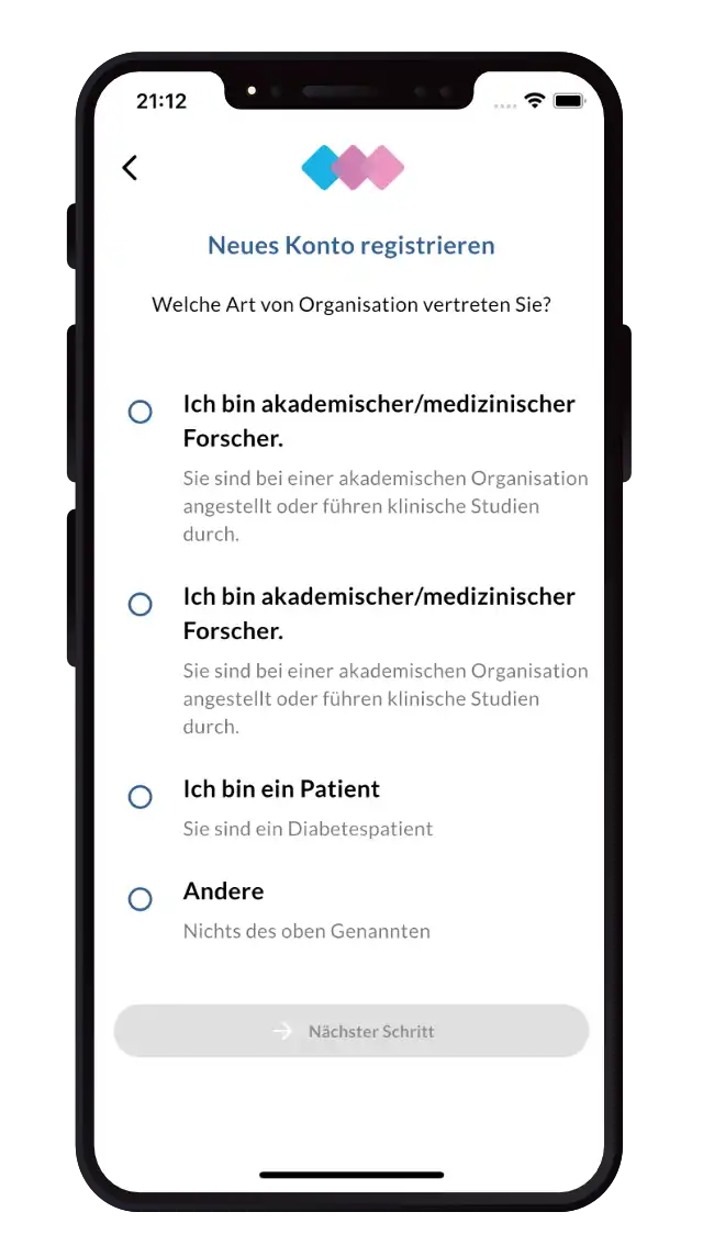 Bildschirmaufnahme der Sudometrics-App, die einen Benutzer bei der Identifizierung des Hintergrunds seiner Organisation zeigt.