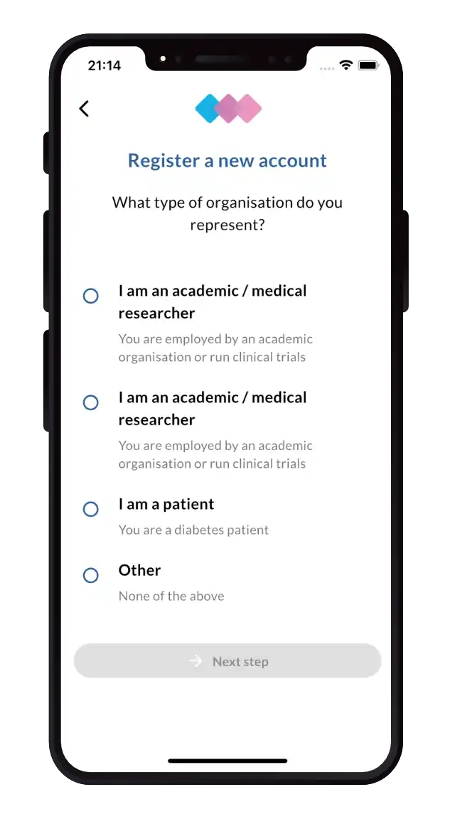 Screen capture of the Sudometrics app, showing a user identifying their organisation's background