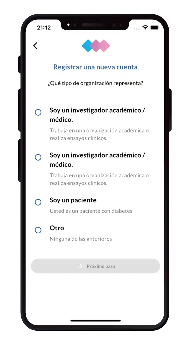 Captura de pantalla de la aplicación Sudometrics, que muestra a un usuario identificando los antecedentes de su organización.