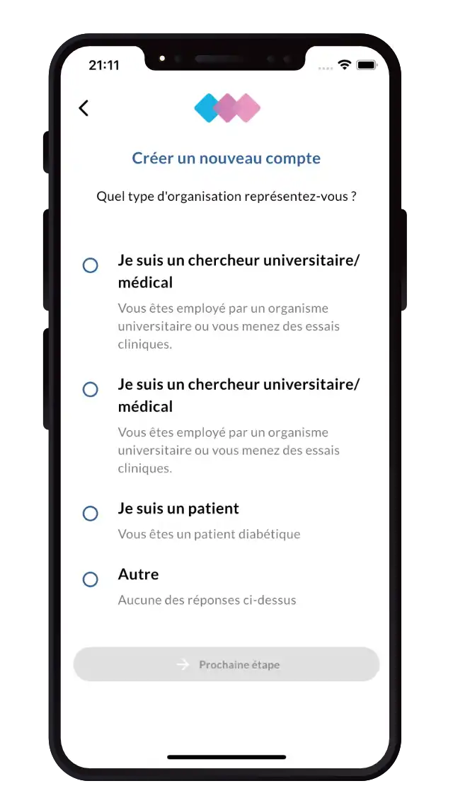 Capture d'écran de l'application Sudometrics, montrant un utilisateur identifiant l'origine de son organisation