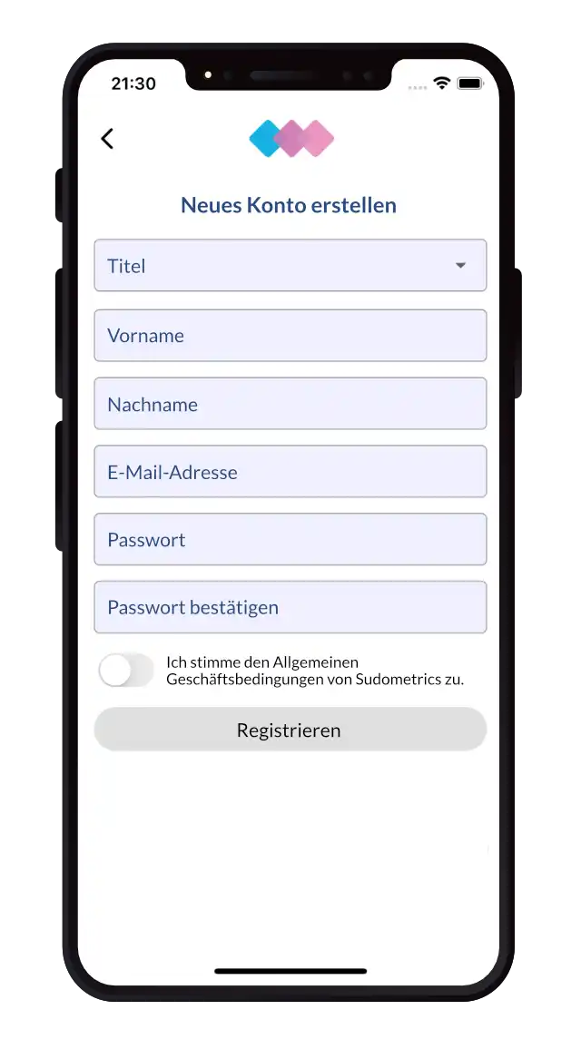 Bildschirmaufnahme der Sudometrics-App, die einen Benutzer bei der Registrierung eines neuen Kontos zeigt.