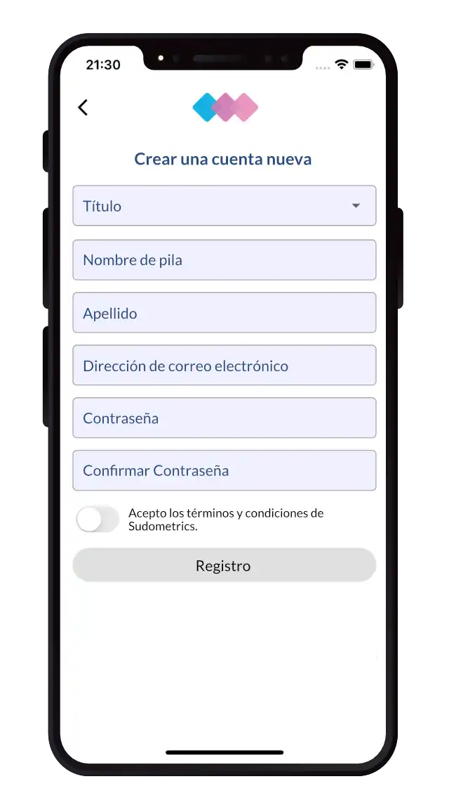 Captura de pantalla de la aplicación Sudometrics, que muestra a un usuario registrando una nueva cuenta.