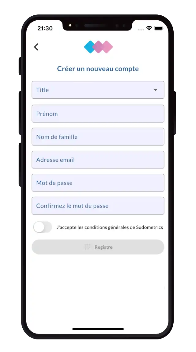 Capture d'écran de l'application Sudometrics, montrant un utilisateur créant un nouveau compte